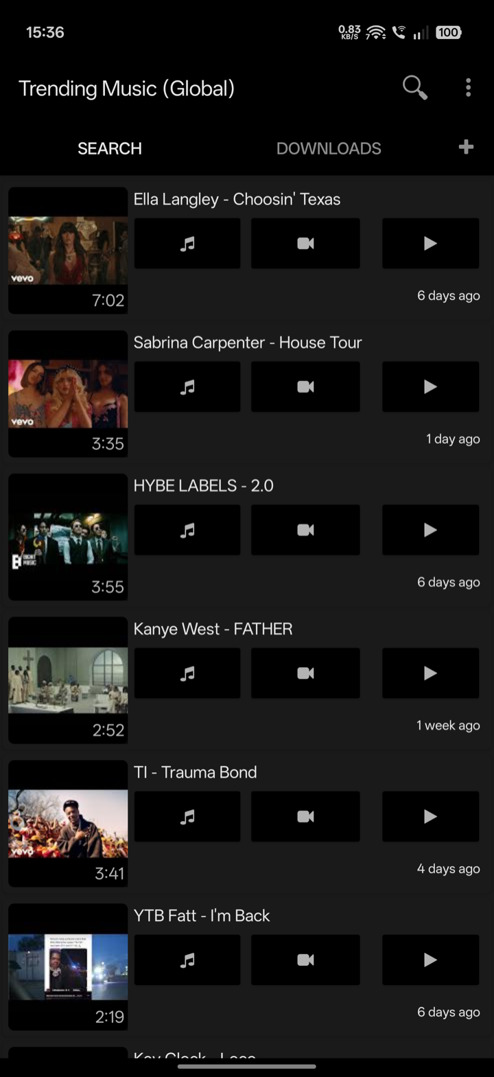 YT3 search screen - browse trending YouTube music