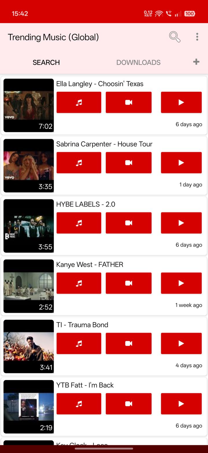 YT3 search screen - browse trending YouTube music